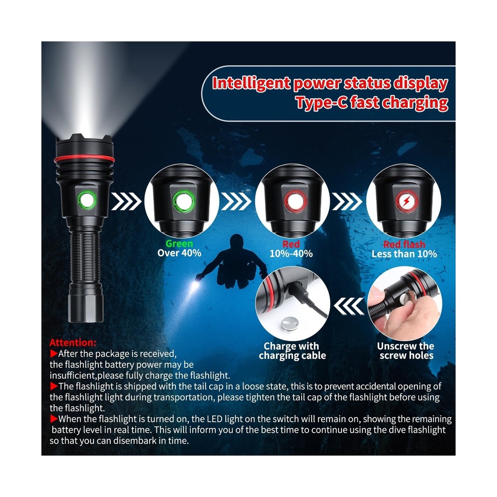 Diving Flashlight, 2000Lumens Dive Light,100m Underwater Flashlight,Dive Ligh...