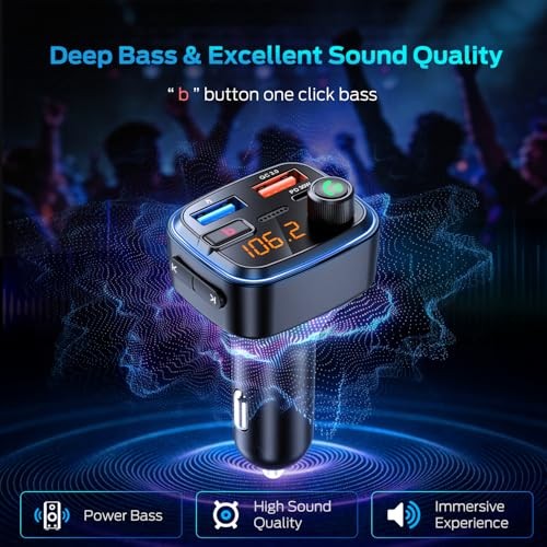 tooth 5.4 Car Adapter, Wireless FM Transmitter with Deep Bass Player, 48W Blue