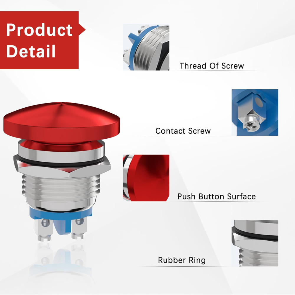 19MM Mushroom Head Push Button Switch Momentary Push Button IP65 Waterproof 12V