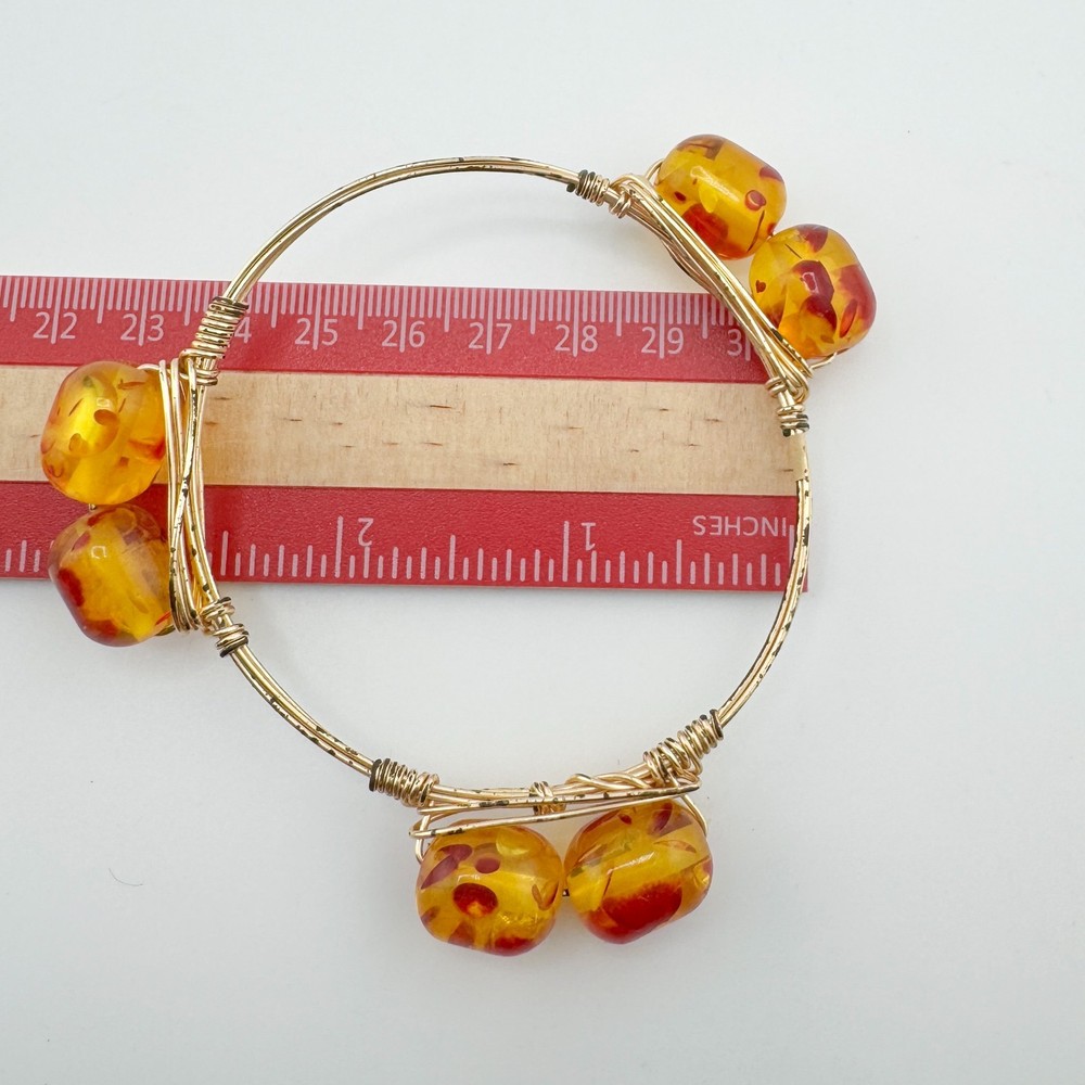 3 Bohemian Wire-Wrapped Beaded Bangle Bracelets Orange Amber Red Stackable Retro