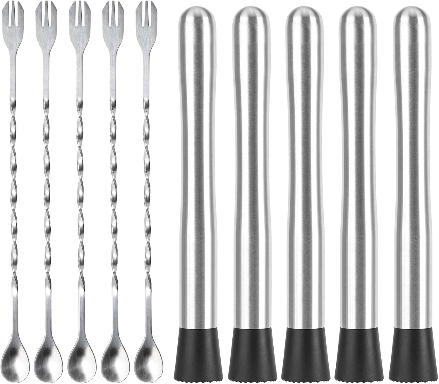 Muddlers for Cocktail Mixing Spoon Set of 10, 9.8 Inch 304 Silver