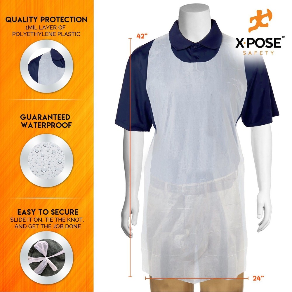 100 Disposable White Plastic/Poly Aprons Full Bib Embossed 24" x 42" Single Use