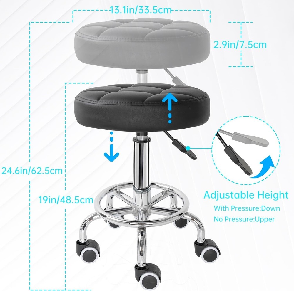 PU Leather Rolling Stool - Height Adjustable Swivel Stool with Foot Rest - Black