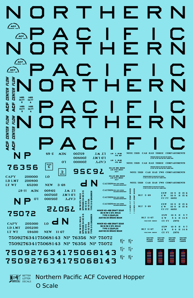 K4 O Scale Decals Northern Pacific ACF Covered Hopper Black
