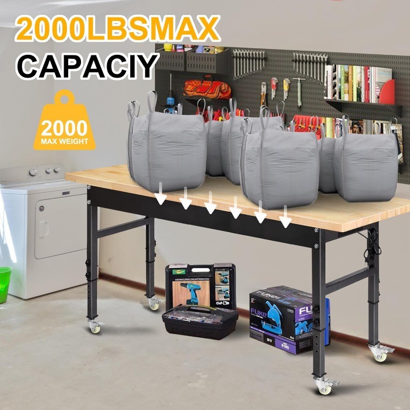 60" Adjustable Work Bench Rubber Wood Top Workbench Heavy-Duty Work Table