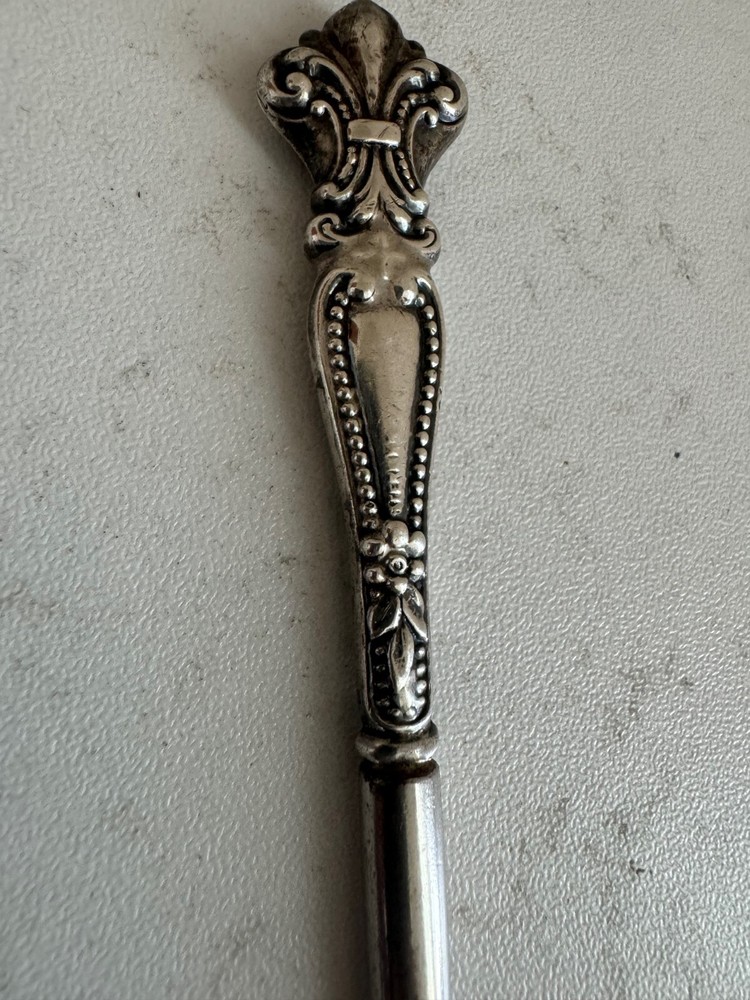 Antique Sterling Silver Handle Button Hook w/ Beaded & Fleur de Lis Design
