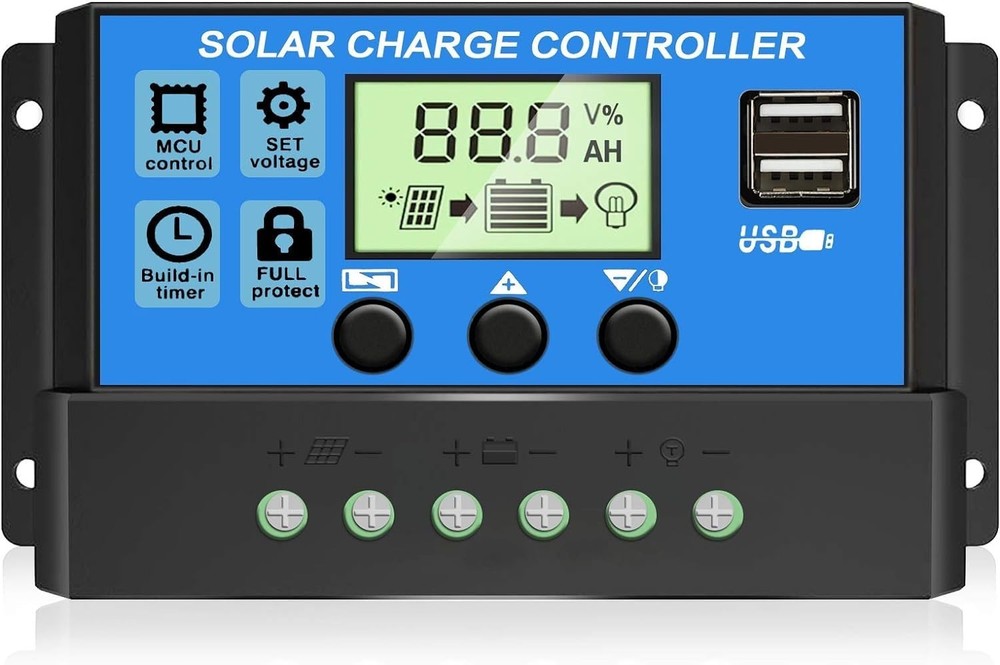 Efficient 12V/24V PWM Solar Regulator with Adjustable LCD & Dual USB Charging