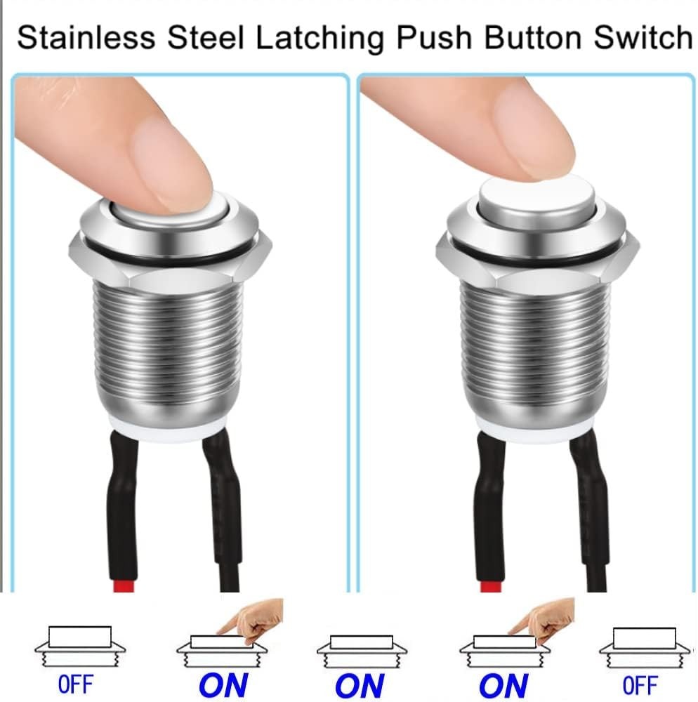 3 Pcs Latching Waterproof Push Button Switch, 12mm & Self-Locking Switches