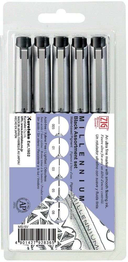 Zig MS5V Millennium Assorted Point Pens 5/Pkg-Pure Black