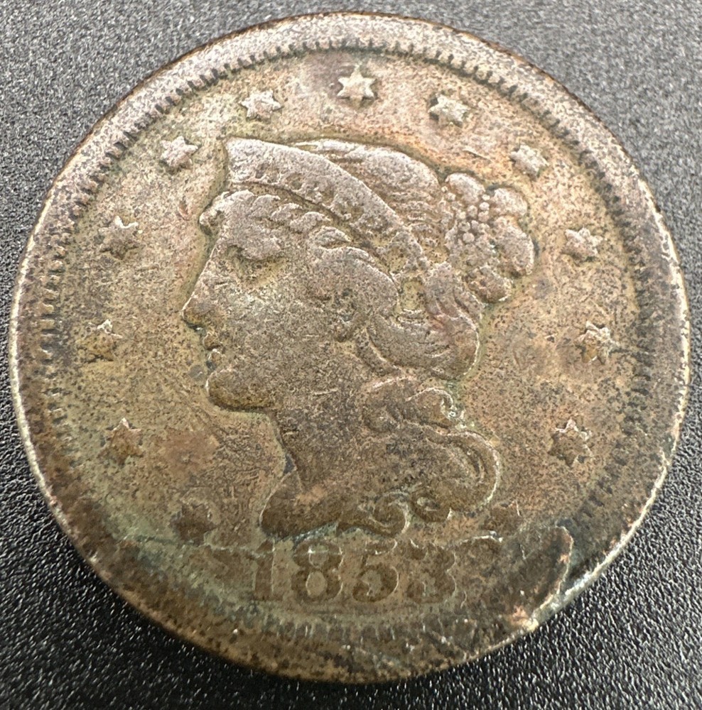 1853 Braided Hair Large Cent Lamination Error Overdate