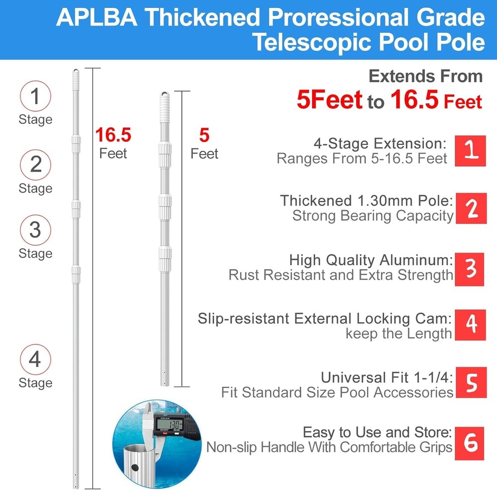 Professional Grade Telescoping Pool Pole 16.5ft - Universal Fit for Attachments