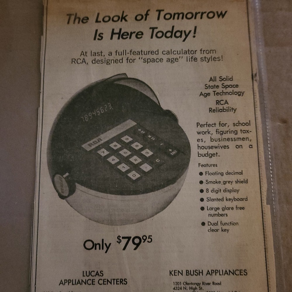 Original NEWSPAPER AD FOR RCA Digital Calculator Space Age Modern