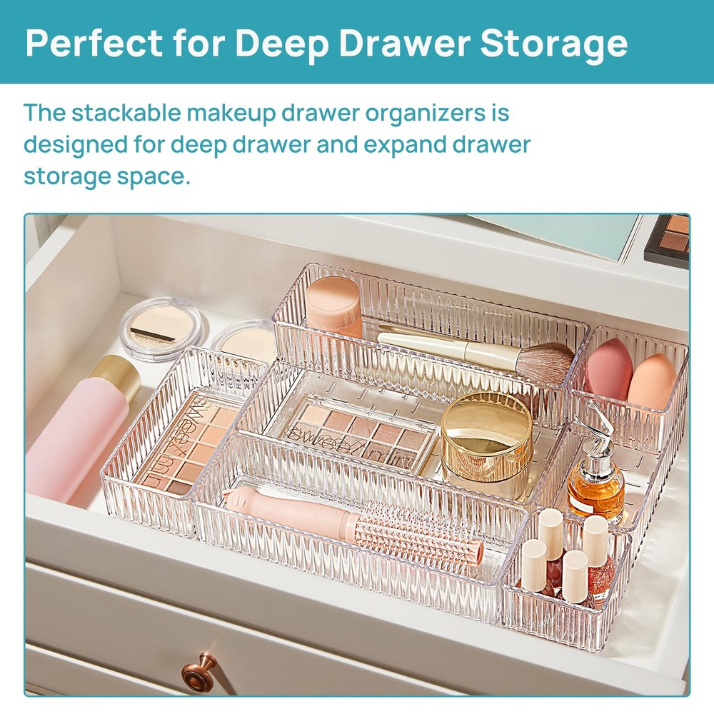 7 PCS Clear Drawer Organizers Bins, 4-Size Stackable Makeup and Vanity Drawer...
