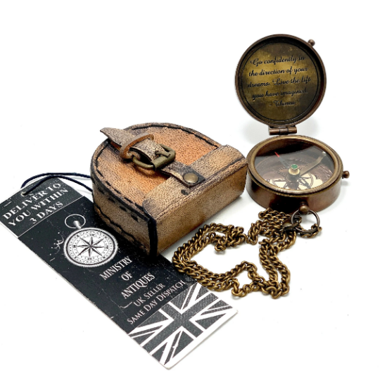 Engraved Pocket Compass & Key Chain Handmade Nautical Compass & Leather Pouch