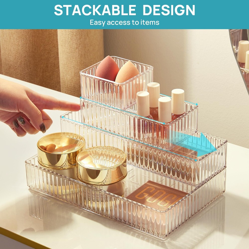 7 PCS Clear Drawer Organizers Bins, 4-Size Stackable Makeup and Vanity Drawer...