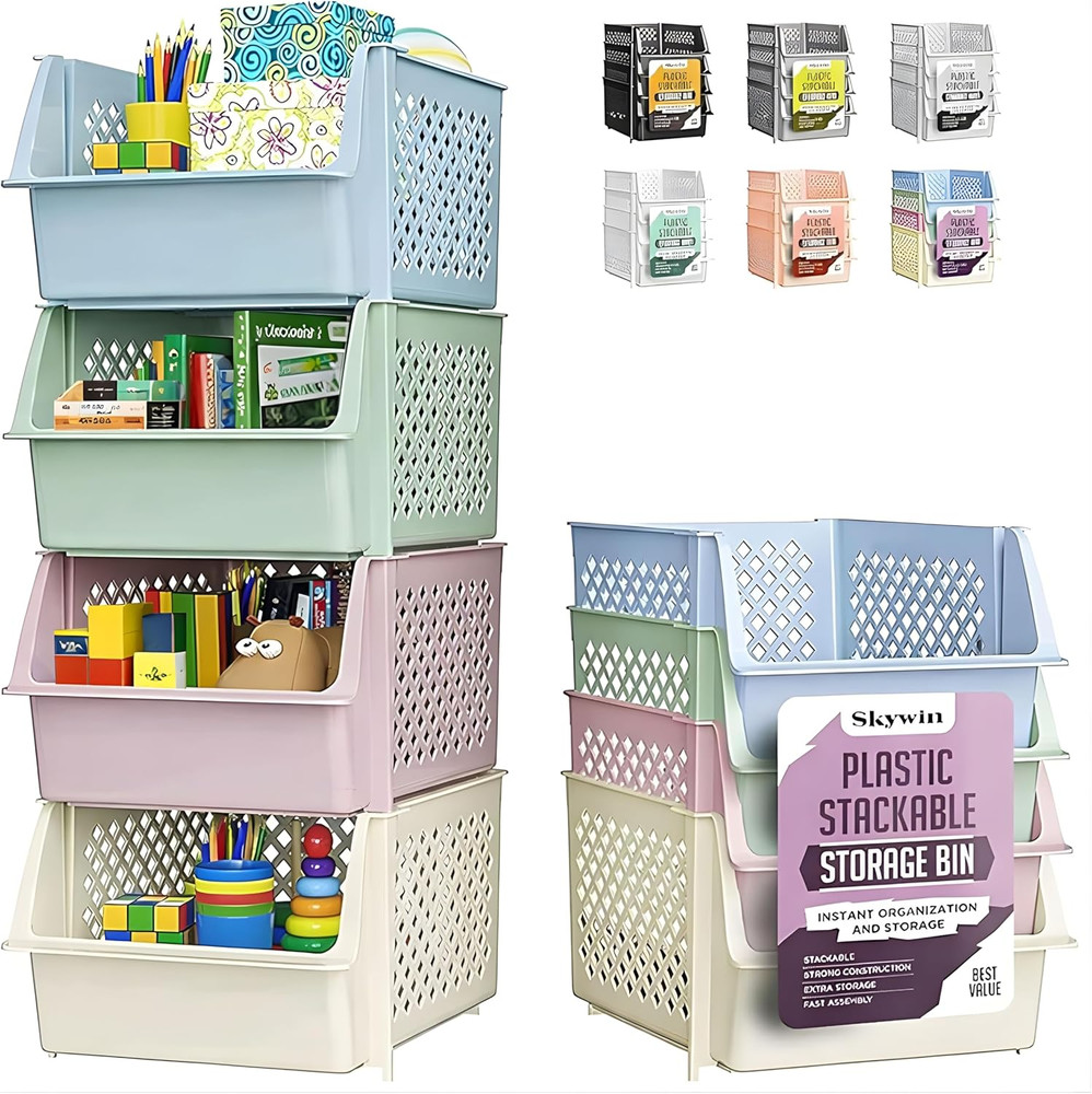 Tidyfriend Stackable Storage Bins for Pantry, 4 Pack Stackable Bins for Organizi