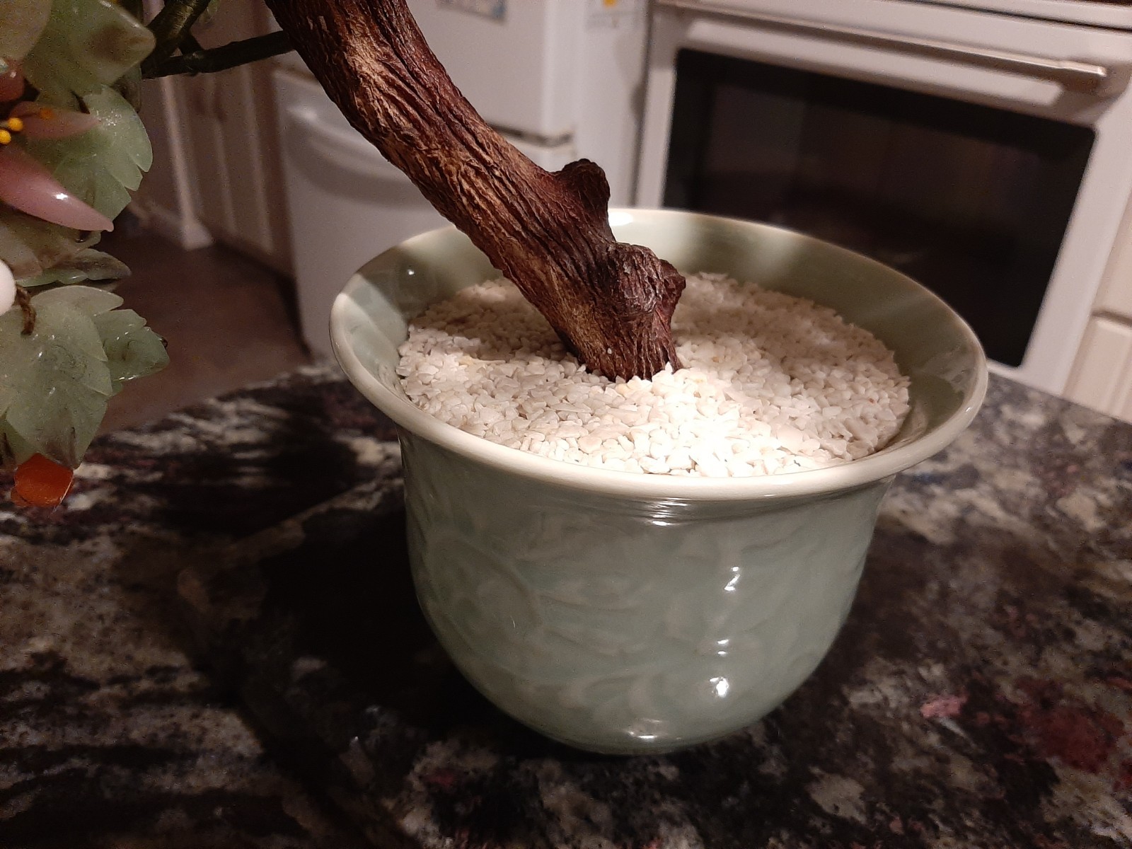 Vintage Chinese Glass Jade Quartz Bonsai Flower Tree In Celadon Pot