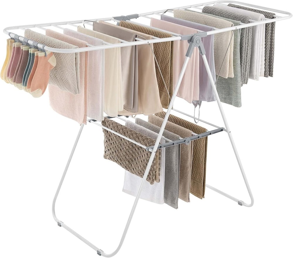 Clothes Drying Rack W/ Sock Clips Metal Laundry Rack Foldable Space-Saving