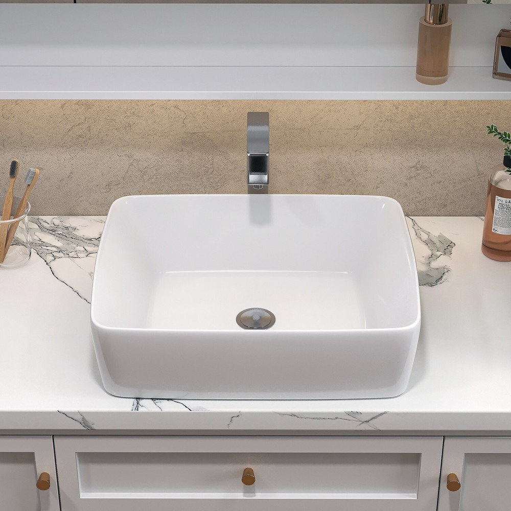 Sinber 19"x15" White Rectangular Ceramic Countertop Bathroom Vanity Vessel Sink