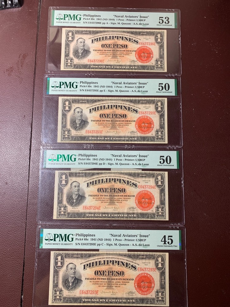 PHILIPPINES 1941 ONE PESO NAVAL AVIATOR'S PACKET NOTE 4-CONSECUTIVE SERIAL P-89c