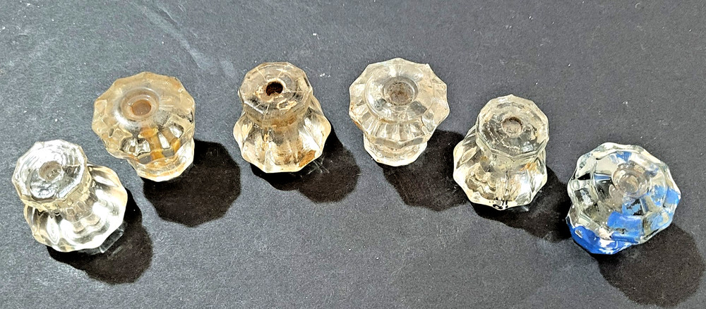 6 Clear Glass 10 Sided Drawer Pull Knobs Vintage 1-1/8" tall