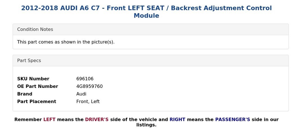 2012-2018 AUDI A6 C7 - Front LEFT SEAT / Backrest Adjustment Control Module