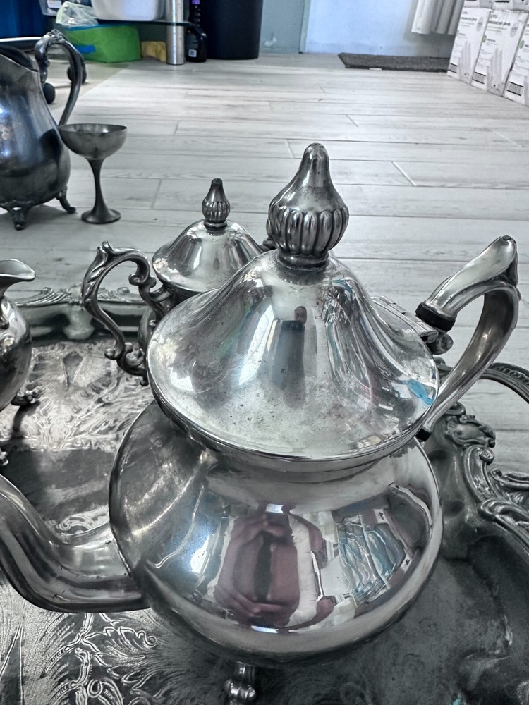 Vintage Beautiful Silver on Copper Tea set 5 pcs., used, tray and vases.