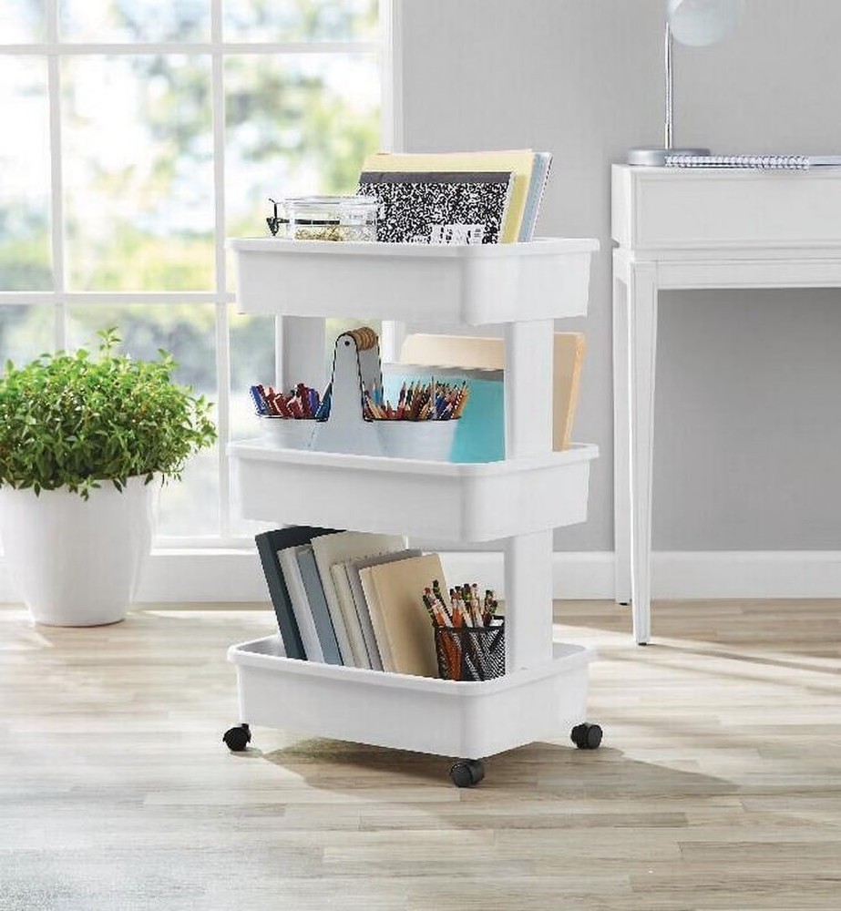 3-Tier Plastic Rolling Laundry Cart, Arctic White