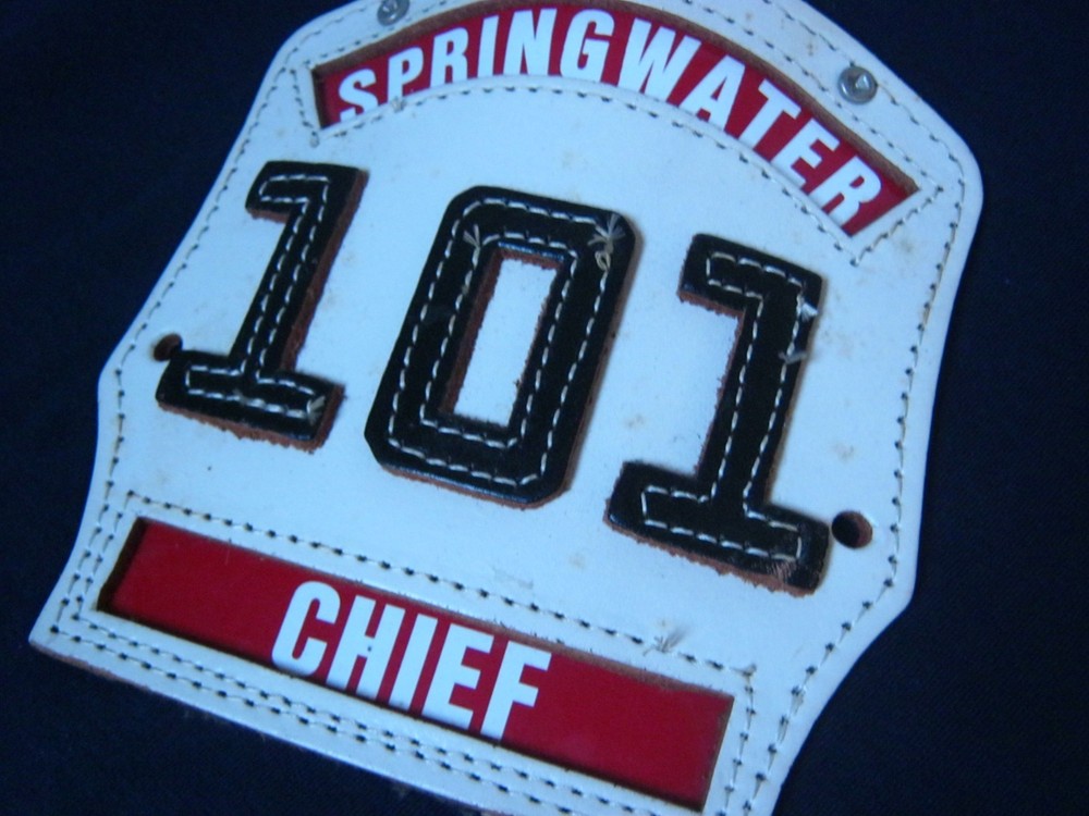 Older Leather Springwater 101 Chief Leather Fire Helmet Front Shield