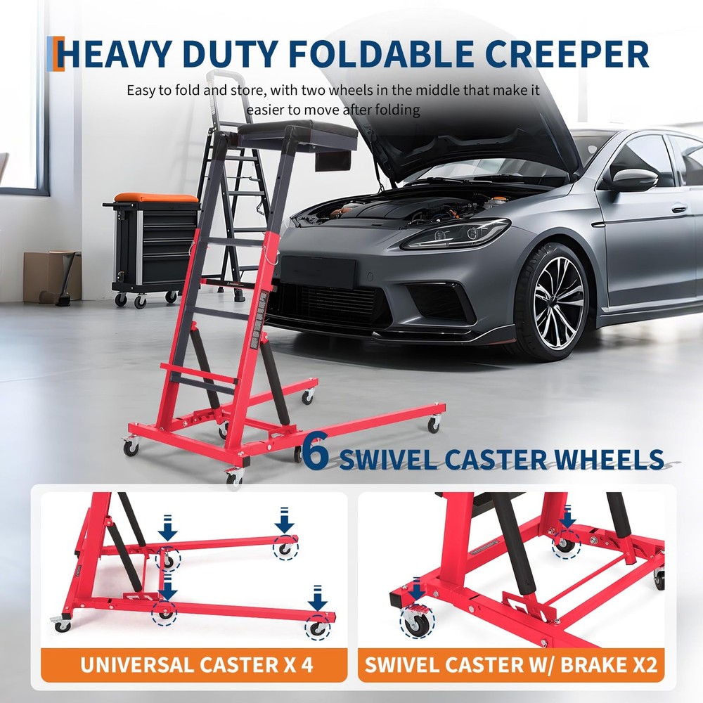 400Lbs Adjustable Height 48"-66" Topside Engine Creeper w/Tray & Wheels,Pad,Tool