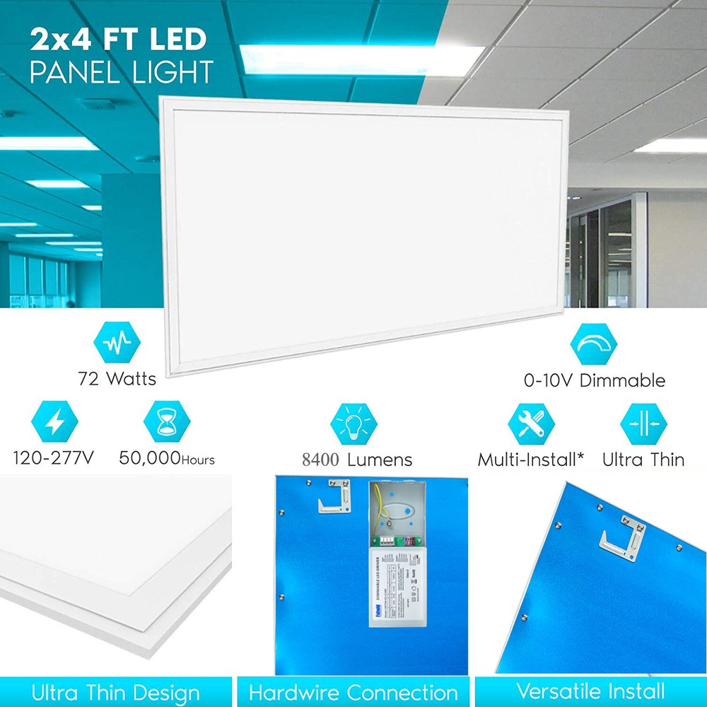 2x4FT LED Flat Panel Light, 75W 0-10v Dimmable Edge-lit Drop Ceiling Fixture 4pc