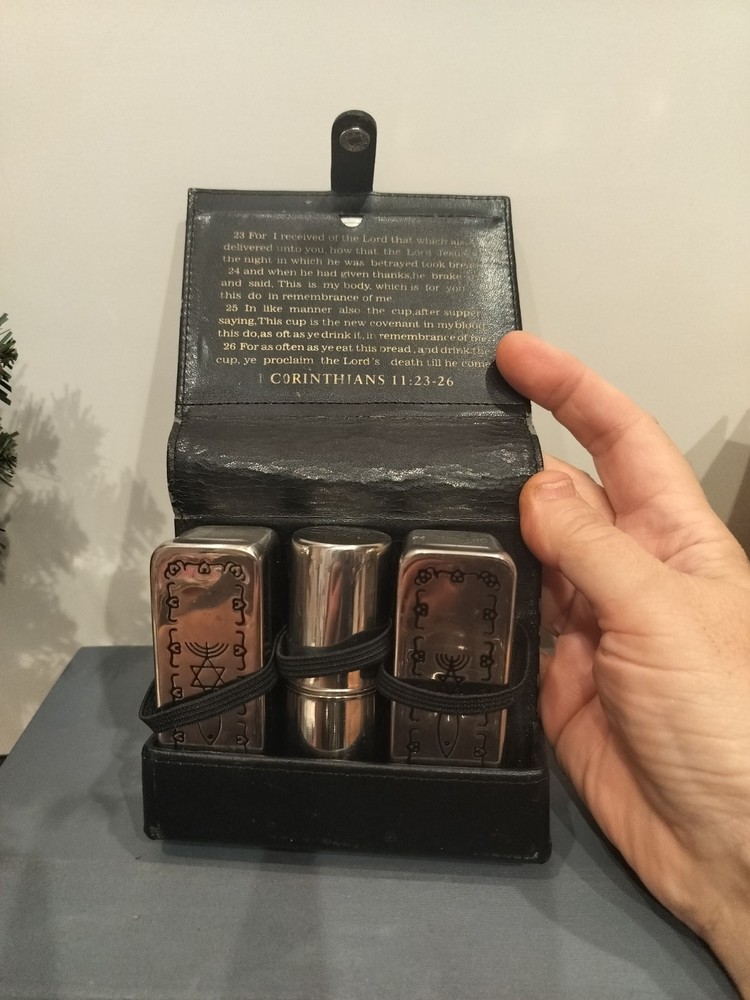 Portable Communion Set; Hebraic/Messianic Engraved; Leather Carry Case; EUC!