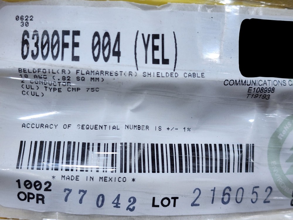 Belden Wire 6300FE 18/2C Shielded Media Control/Audio Cable Plenum Yellow /100ft