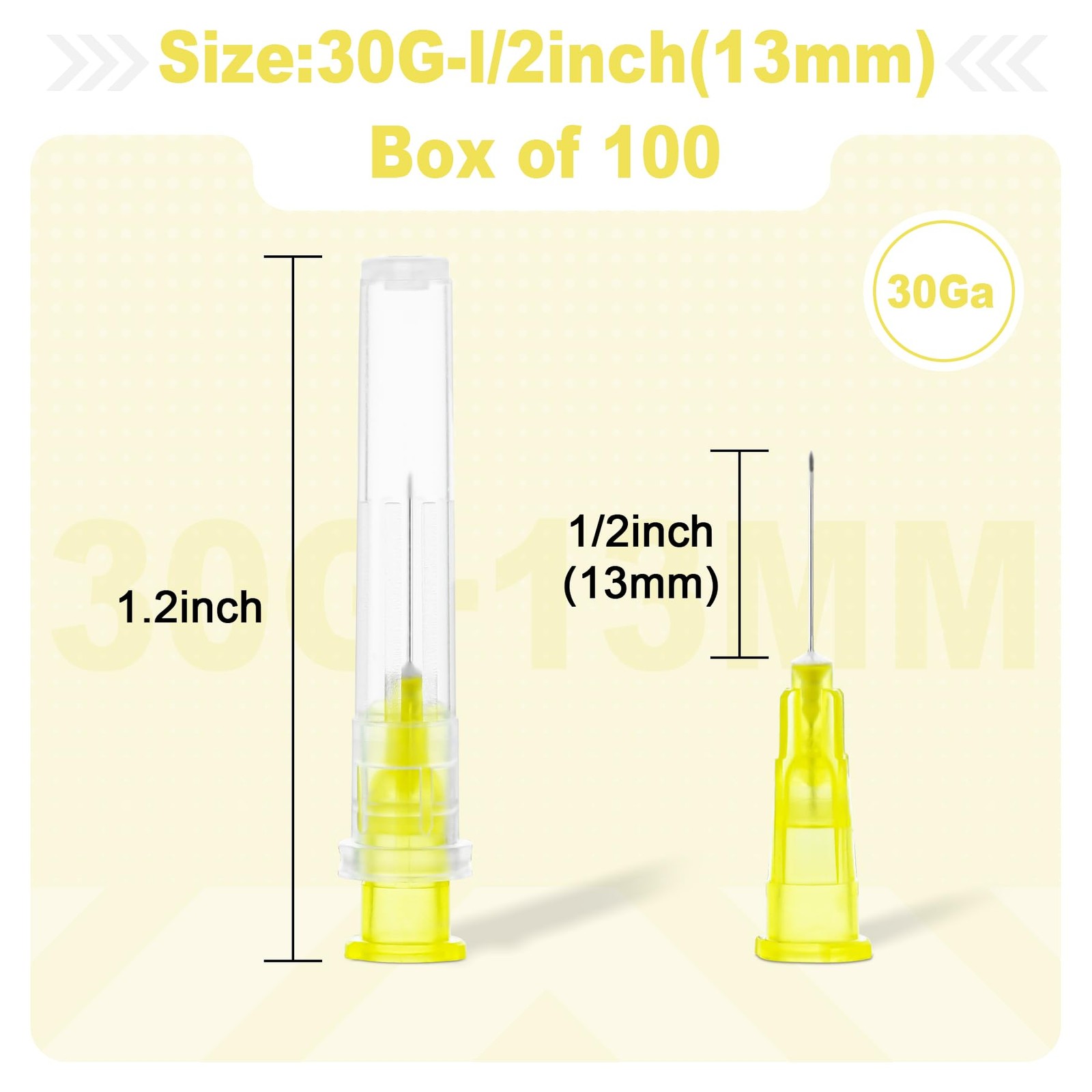 30 Gauge 1/2 Inch Needles with Caps, Individually Wrapped, 30 1/2"