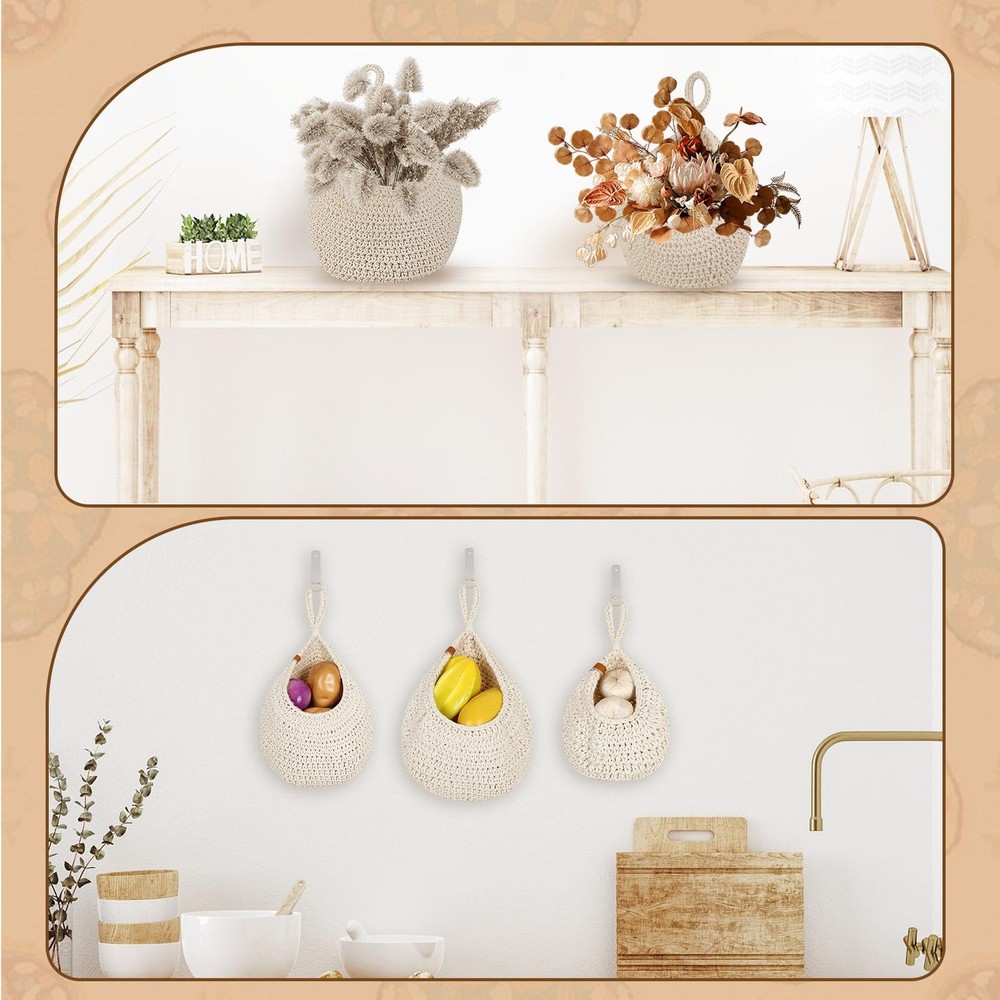 Hanging Fruit Baskets 6 Pack Wall Storage Boho Handwoven Kitchen Organizer Garli