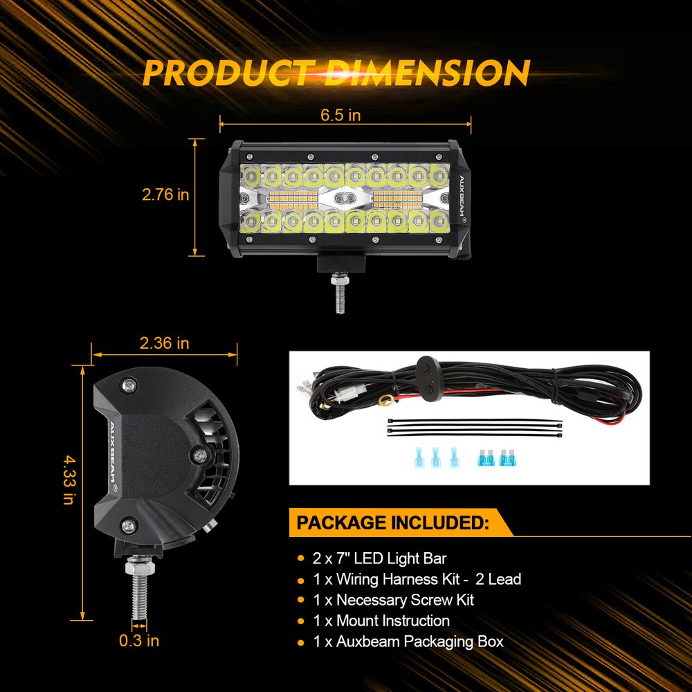 AUXBEAM 7" LED Work Light Bar Amber&White Strobe Flash Lamp ATV UTV Offroad Boat