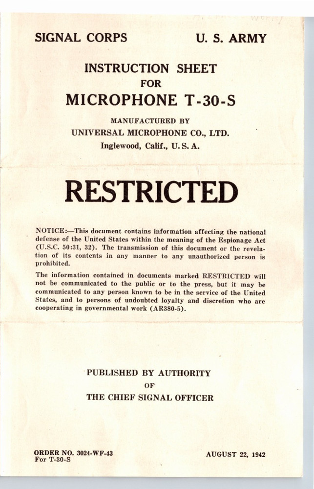 1942 US Army Instruction Sheet For Microphone T-30-S Restricted Document