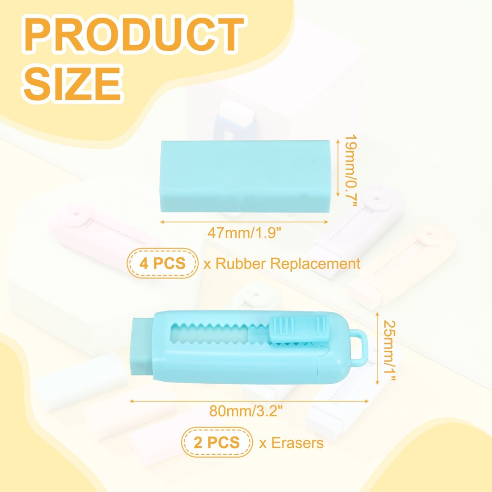 2+4Pack Erasers, Sliding Retractable Eraser Push Pull Cute Pencil Erasers, Blue