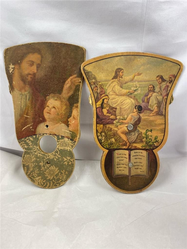 2 Vintage Religious Trifold Handheld Funeral Home Advertising Folding Fans