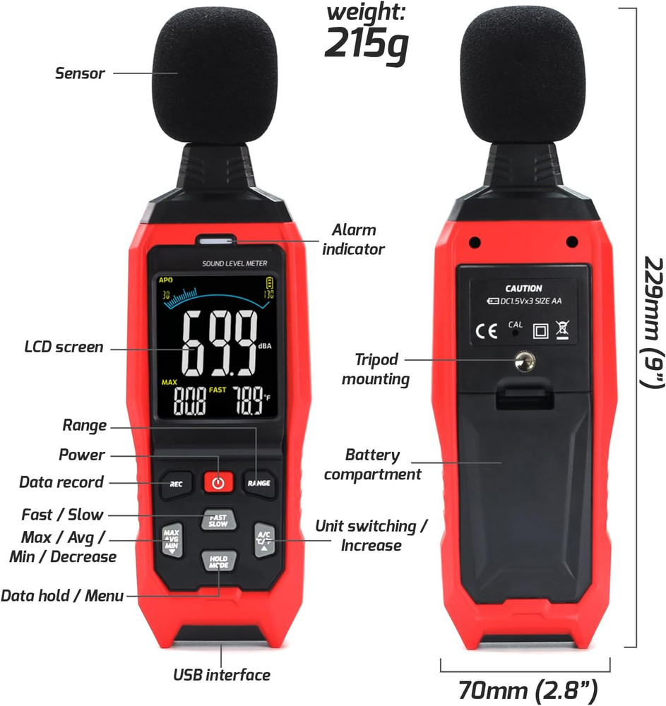 Sound Level Meter Data Logger Decibel Meter with Record Function, Portable Noise
