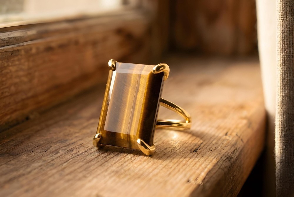 Sterling Silver Tiger Eye Ring Handmade Rectangle Gemstone Lightweight Fit