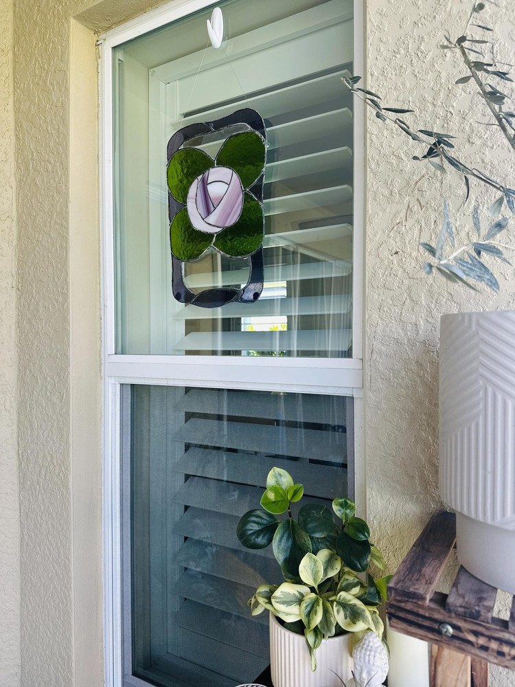 Stained Glass Rose & Leaf Suncatcher Window Panel