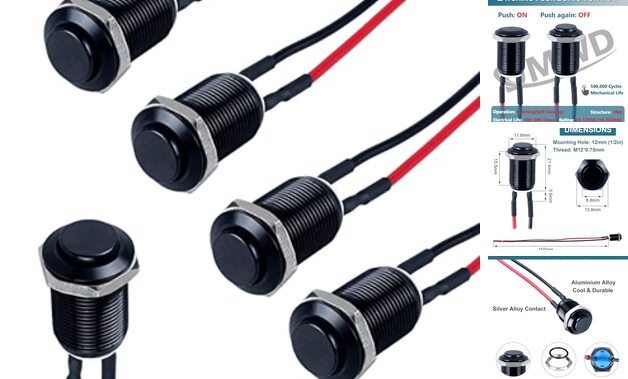 5pcs 12mm Push Button Switch Raised Head ON-Off Normally Open Latching Black