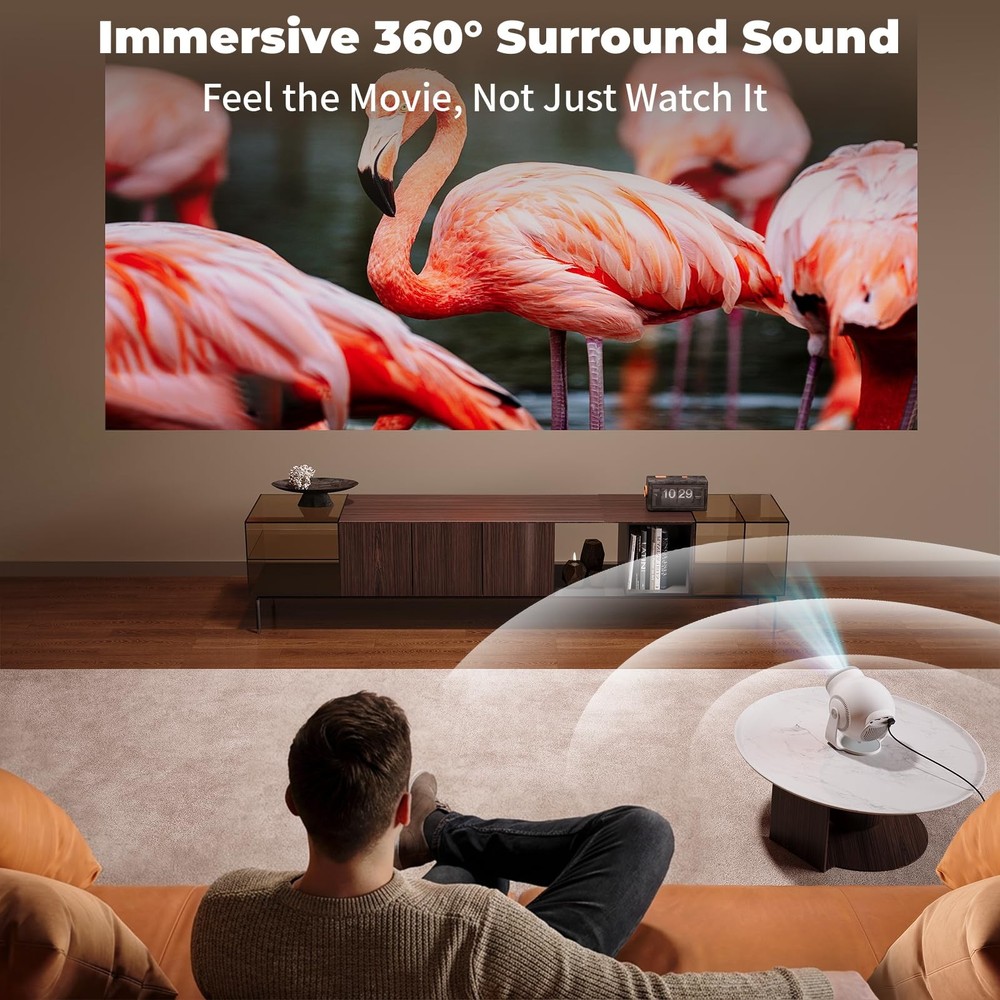 Smart Mini Projector with Android 14 OS, 1080P/4K/8K Video Decoding, White