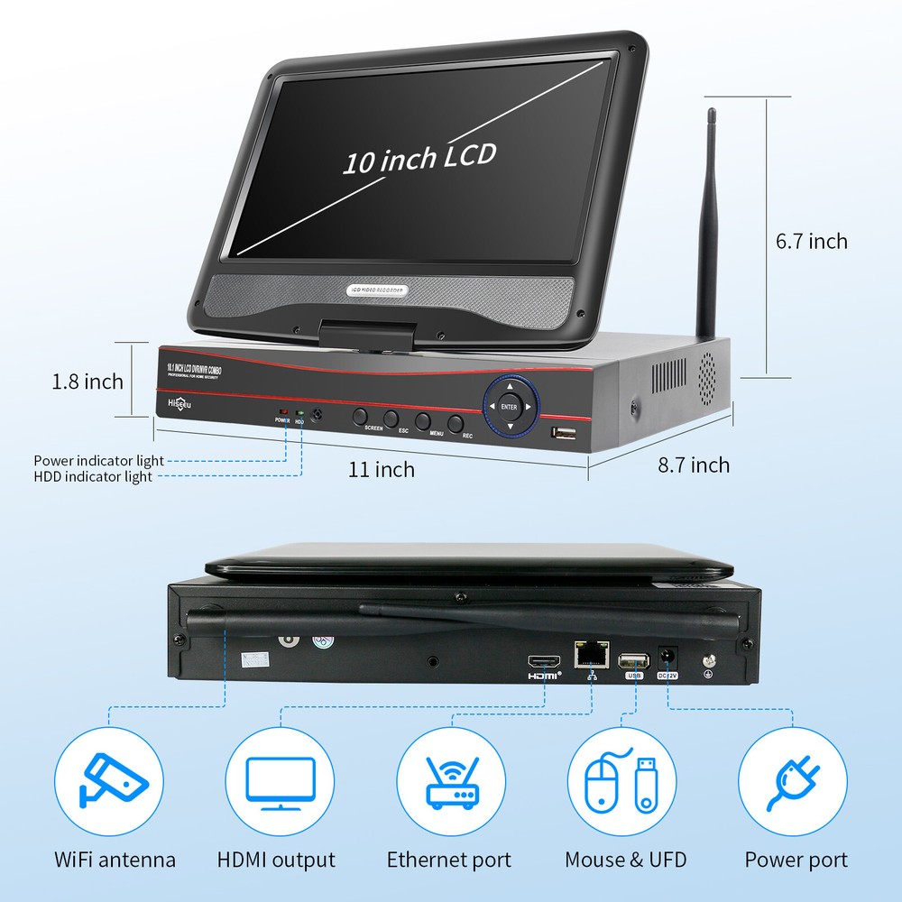 10'' LCD Wireless WiFi NVR 8 Channels Network Video Recorder For EseeCloud APP