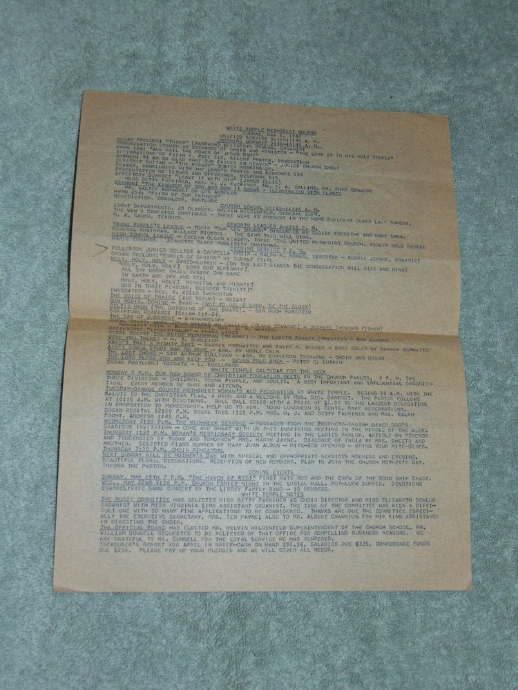 MAY 5, 1940 "WHITE TEMPLE METHODIST CHURCH" SERVICE PROGRAM; ANAHEIM, CA