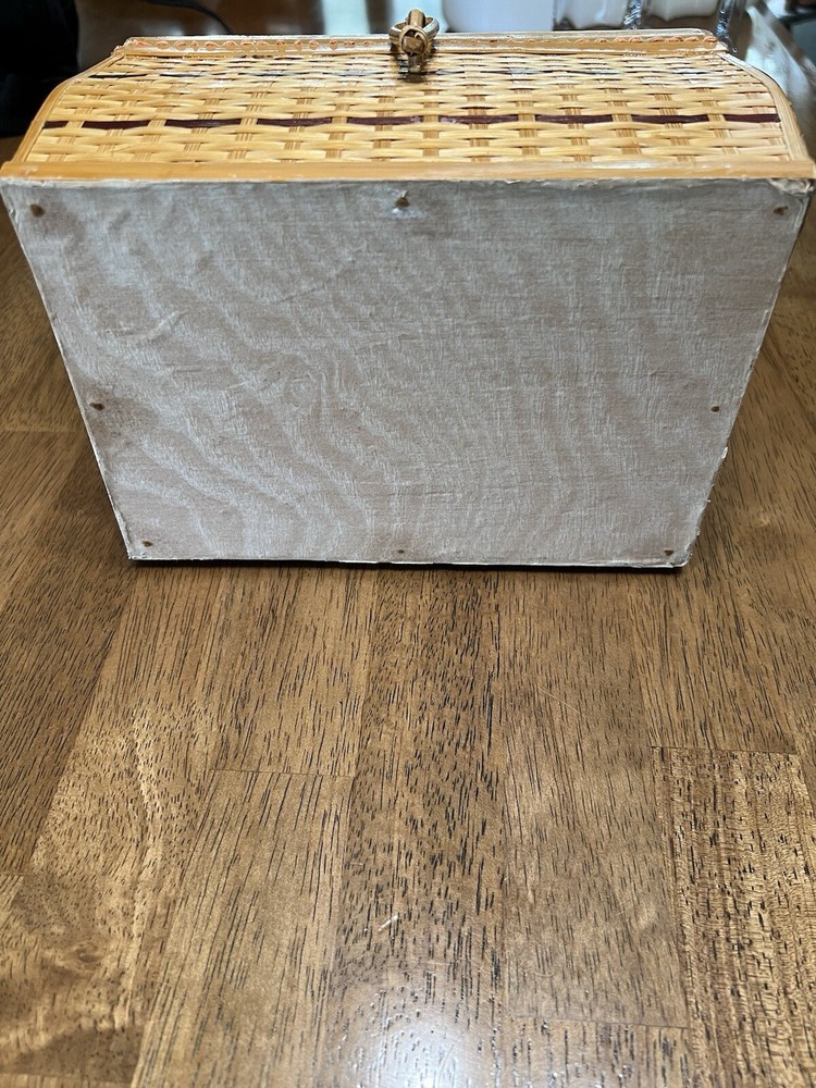 Vintage Wicker Tan Sewing Basket with Handle Painted Lid Lined