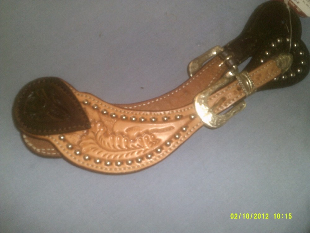 Spur Straps Two Tone Tooled pattern with Acorn Leather