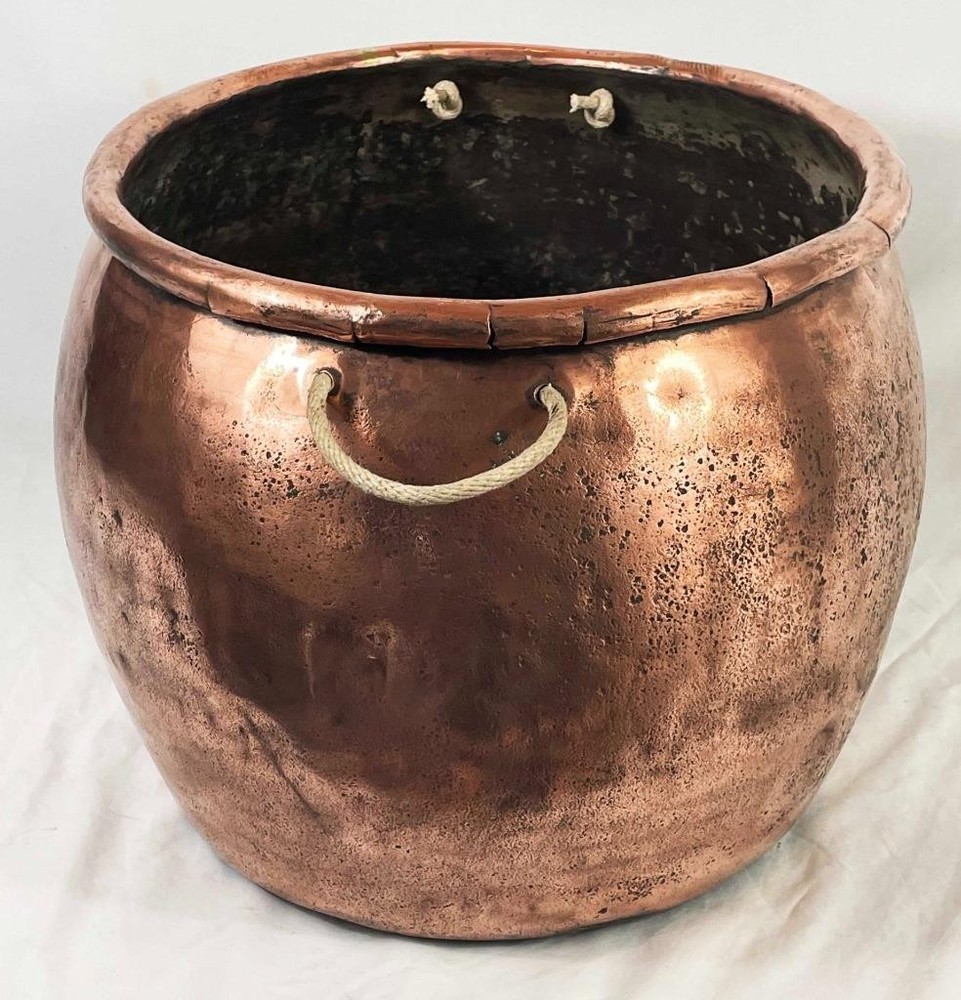 BIG GEORGIAN ANTIQUE SOLID COPPER LOG BIN - CAULDRON - PLANTER