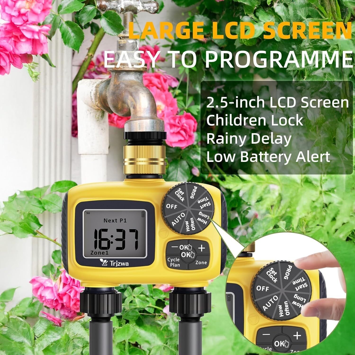 2-Zone Programmable Sprinkler Timer Outdoor with Brass Swivel for Garden Hose